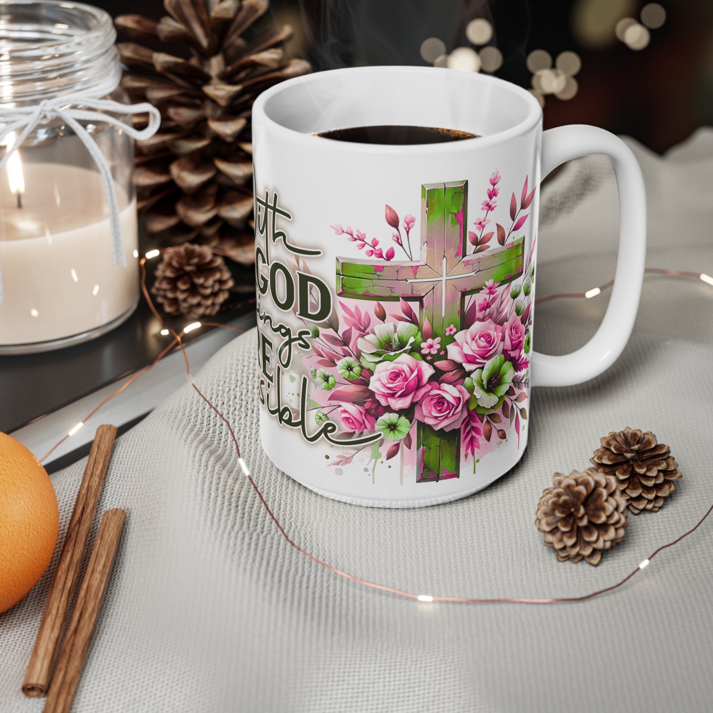 Ceramic Coffee Cup - Inspirational Christian Mug, Floral Cross Design, Perfect Gift for Friends & Family, Faith-Based Home Decor