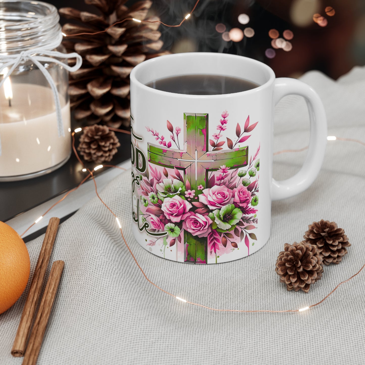 Ceramic Coffee Cup - Inspirational Christian Mug, Floral Cross Design, Perfect Gift for Friends & Family, Faith-Based Home Decor